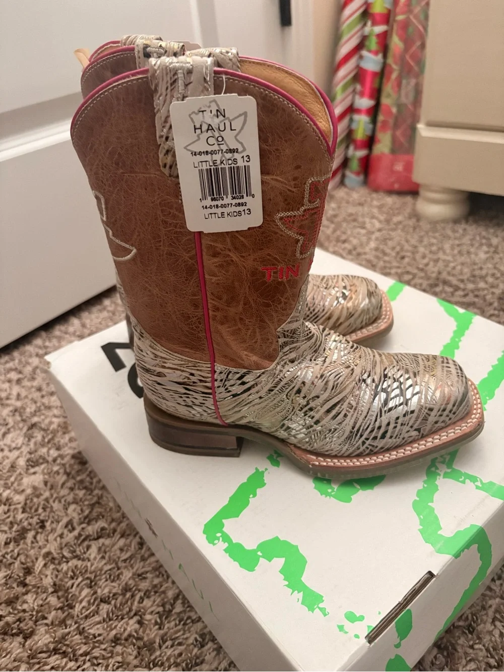 Tin Haul Kidz Metallic Silver & Brown Western Boots with Pink Trim